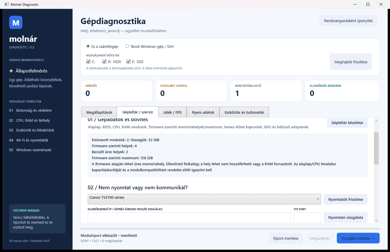 Gépleltár és szerviznézet
