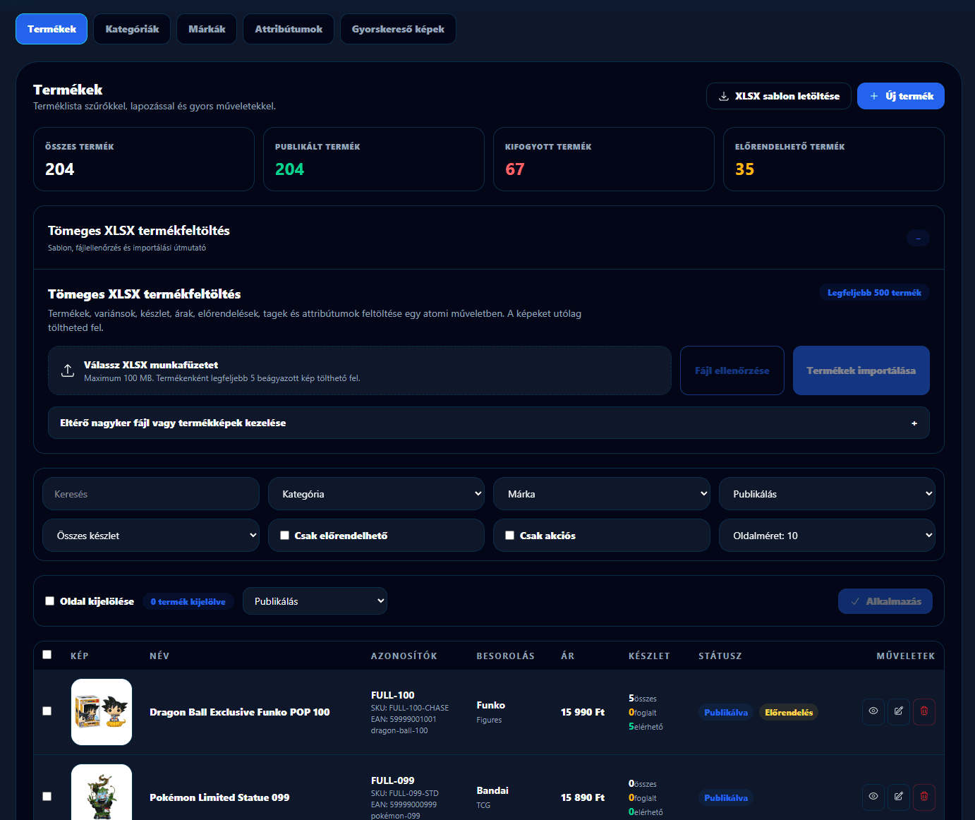 XLSX-feltöltés és import