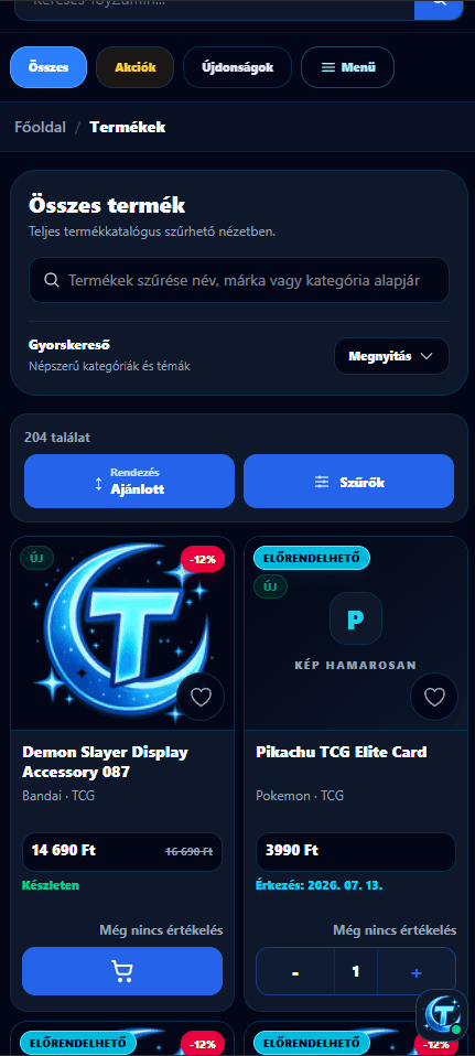 Terméklista és szűrés mobilnézetben