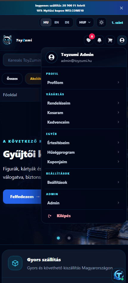 Fiók- és adminmenü mobilnézetben